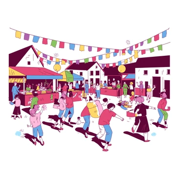A vibrant village festival scene with multiple colorful banners hanging between the buildings. Groups of people are gathered, some are dancing joyfully while others are clapping along to the music. In the foreground, a band is playing cheerful tunes with various instruments. The square is filled with stalls offering local food and crafts, and there are families enjoying their time together. Children are running around, some with balloons in hand, adding to the festive atmosphere.