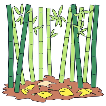 A bamboo forest with tall green bamboo stalks reaching upwards. The forest floor is covered in a layer of brown and yellow fallen leaves. A gentle breeze stirs the leaves, causing them to slightly move and create a soft rustling sound. Sunlight filters through the bamboo, casting dappled shadows on the ground.