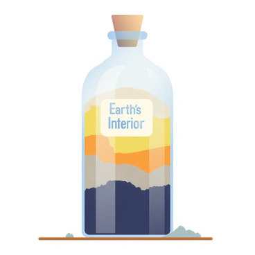 A clear glass bottle is filled with various layers of sand, each representing a different layer of the Earth's interior. The bottom layer consists of dark, coarse sand, symbolizing the inner core. Above it, a layer of lighter, finer sand represents the outer core, transitioning into a yellowish layer for the mantle. The top layer is a pale, fine sand representing the crust. The bottle is capped with a cork, and there are scattered grains of sand around the base of the bottle on a wooden surface. A label is attached to the bottle, featuring the words "Earth's Interior" in clear font.