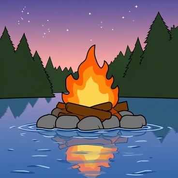 A lively campfire with bright orange flames and glowing embers sits on a bed of rocks. The campfire casts a warm light that dances on the surface of a nearby tranquil lake. The lake reflects the flickering flames and the surrounding trees, creating a mirror-like image of the scene. The sky above is transitioning into dusk, with soft colors of purple and pink. Tiny ripples in the water add texture to the reflection, and a few twinkling stars are starting to appear in the clear sky.