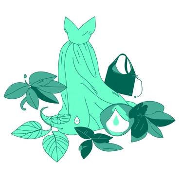 A collection of fashion items is displayed on a white background. One item is a teal dress that resembles cascading water, with flowing fabric mimicking the movement of gentle waves. Next to it, a pair of shoes are designed to look like green leaves, made of intricate patterns that mimic the veins found in nature. There is also a handbag in the shape of a white water droplet, with a glossy finish that reflects light. Each item in the collection embodies natural elements, creating a harmonious blend of fashion and nature.