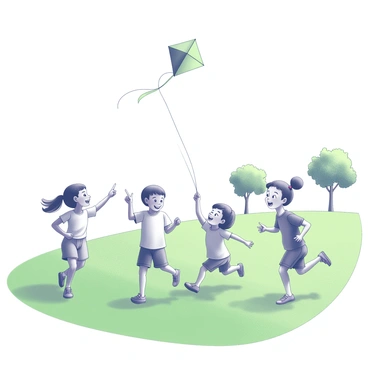 A sunny field with vibrant green grass stretching into the distance. Several children are running, laughing, and enjoying the day as they play with a kite that is soaring high in the sky. The kite is colorful, fluttering above them as they pull on the string. The children are diverse in appearance, wearing casual clothing suitable for outdoor play. Their expressions are full of joy and excitement as they engage in the activity, with one child pointing up at the kite while another runs with the string in hand. In the background, a few trees provide shade, and a light breeze is suggested by the direction of the grass and the kite's movement.