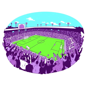 A panoramic view of a football stadium packed with enthusiastic fans. The stands are overflowing with people wearing jerseys in various colors, waving flags and banners. The field is perfectly green and marked with white lines, and the goalposts stand tall at each end. Above, the bright stadium lights illuminate the scene, and the sky is a clear blue. In the background, the excitement of the crowd can be felt, with some fans jumping in celebration while others are captured mid-cheer, all contributing to the vibrant atmosphere.