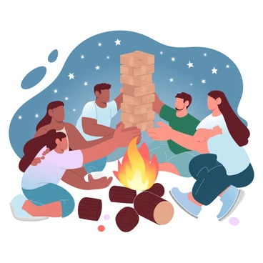 A group of campers is gathered around a campfire, with glowing embers illuminating their surroundings. They are engaged in a game of Jenga, with a tall, precarious tower of wooden blocks in the center of their circle. Each camper is focused on carefully removing a block from the tower. The background features a dark, starry night sky filled with countless shimmering stars. The campers are wearing casual outdoor clothing, and logs are arranged around the campfire for seating. The flames of the fire dance, casting warm light and shadows on the faces of the campers.
