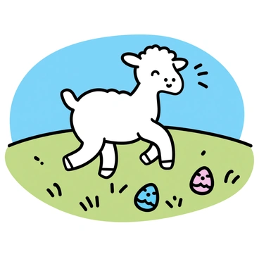 A playful lamb with soft white wool is frolicking in a green field. The lamb is leaping through the grass, its ears perked up and a joyful expression on its face. Scattered around the lamb are colorful Easter eggs in various sizes, featuring vibrant patterns. The background consists of gentle rolling hills under a clear blue sky, creating a cheerful atmosphere.