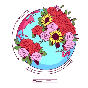 A spherical globe is covered entirely with various colorful flowers, showcasing the diversity of nature across different regions of the world. The flowers include vibrant red roses, yellow sunflowers, and pink cherry blossoms, creating a beautiful tapestry. The continents are slightly visible beneath the floral arrangement, with green foliage peeking through the petals. The globe is positioned on a simple white pedestal, highlighting its intricate floral design.