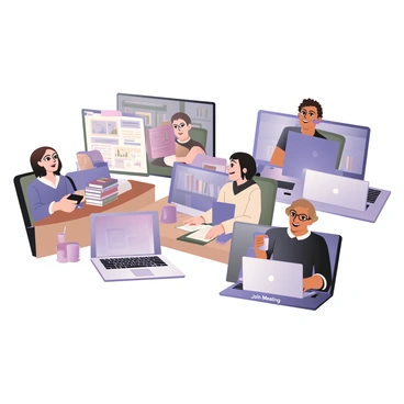 A digital flat illustration showing several participants in a virtual meeting, each displayed on separate laptop screens. The screens are arranged in a grid layout. On the left, there is a person with light skin and short brown hair wearing glasses, presenting slides while seated at a desk cluttered with books and a coffee mug. Next, there is a woman with medium skin and long black hair, wearing a blue shirt, smiling as she takes notes. On the right, a person with dark skin and curly hair is wearing a headset and appears to be asking a question, with a bookshelf visible in the background. Another screen shows a person with tan skin and shoulder-length blonde hair, holding a cup and looking attentive. Each screen has a small "Join Meeting" label at the bottom as a visual element. The overall scene conveys collaboration and engagement within a professional setting.