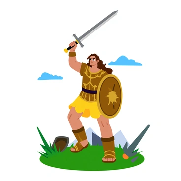 An ancient warrior with a muscular build stands triumphantly on a grassy battlefield. He wears traditional armor made of bronze and leather, intricately detailed with patterns and symbols. His long, flowing hair is tousled by the wind. The warrior raises a gleaming sword high above his head, capturing the sunlight. Around him are scattered remnants of battle, including broken shields and discarded weapons. In the background, a distant mountain range is visible under a clear blue sky.