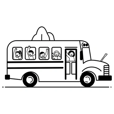 A school bus with a rounded shape and large windows is parked on a road. The bus is shown with multiple children peering out of the windows, their faces displaying excitement and joy. Some children have their hands raised in enthusiasm, while others are smiling broadly. The bus features an open door, inviting the viewer to see more of the cheerful scene inside. The surroundings include hints of trees in the background, suggesting a journey into nature.