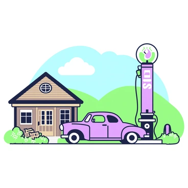 A vintage car is parked at an old-fashioned gas station in the countryside. The gas station features a classic design with a tall, green and purple sign displaying the fuel brand. To the right of the car, there's a gas pump with a round gauge on the front, and a green hose is extended towards the vehicle. In the background, rolling hills can be seen under a clear blue sky. A weathered wooden building serves as the station's main structure, with a small porch and a couple of rocking chairs. A few scattered trees and wildflowers surround the area, creating a rustic rural atmosphere.