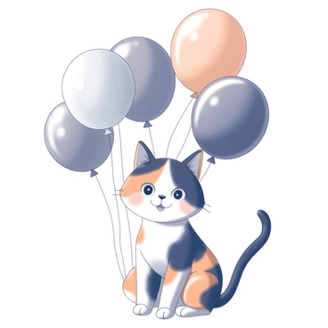 A calico cat with distinct patches of black, orange, and white fur sits in the center of the image. Its expression is cheerful, with bright eyes and perked ears. Surrounding the cat are several balloons, each displaying different shapes. The balloons are tightly grouped together, creating a lively atmosphere. There are hints of string or ribbon trailing from the balloons, adding to the celebratory feel. The scene conveys a sense of joy and festivity, with the cat as the focal point amidst the balloons.