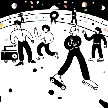 A group of emo teens roller skating at a rink with black and white patterns on the floor. They wear dark clothing, with some adorned with studded accessories. A few of them are performing tricks, while others glide alongside one another. The atmosphere is filled with abstract shapes representing colorful lights projected onto the walls. A vintage record player sits in the corner, symbolizing the presence of retro music.