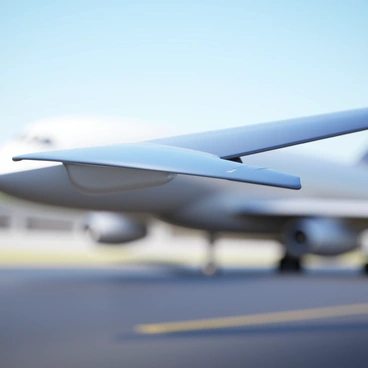 A close-up view of airplane wing flaps fully extended in preparation for landing. The flaps are positioned downward, showcasing their intricate mechanics and aerodynamic design. The wing surface is sleek and shiny, reflecting light in various angles. The surrounding environment is a blurred mix of sky and runway, emphasizing the focus on the wing flaps. The aircraft's body is visible in the background, hinting at its size and speed as it descends.