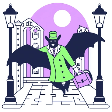 A bat wearing a Victorian postman outfit is flying through moonlit streets. The bat has a small satchel slung across its side, filled with letters. The streets are lined with ornate street lamps casting a soft glow, illuminating the cobblestone pavement. In the background, there are historical buildings with intricate architectural details, such as arched windows and decorative cornices. The moon hangs low in the sky, casting gentle light on the scene, enhancing the atmosphere of the night. The bat has its wings spread, showcasing its dark silhouette against the moonlit backdrop.