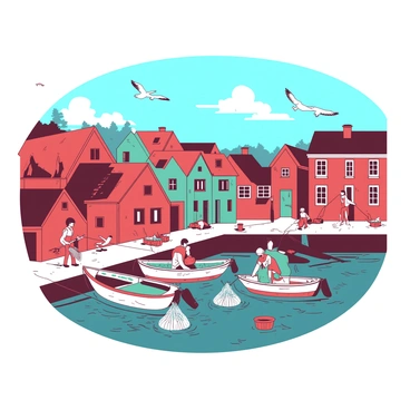 A duotone illustration featuring a picturesque coastal village with houses painted in vibrant colors of red and teal. The houses are arranged along a narrow, winding street that leads down to the water. Fishing boats are gently bobbing in the harbor, some with nets hanging over the sides, ready for a day's catch. The scene captures the essence of coastal life, with fishermen preparing their gear on the docks and seagulls soaring overhead. The sunlight casts soft shadows, highlighting the cheerful colors of the houses against the blue sky.