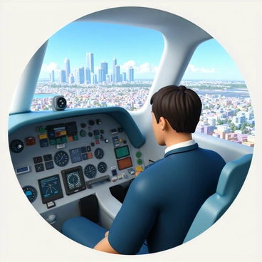 A pilot, wearing a dark blue flight suit and a white shirt, is seated in a modern cockpit. He has short, neatly combed hair and is focused intently on the array of flight instruments in front of him, which include dials, screens, and control yokes. The cockpit is filled with various buttons and levers, showcasing advanced technology. Outside the cockpit windows, a vibrant city skyline is visible, with tall buildings and a clear blue sky in the background. The city appears bustling, indicating a lively atmosphere below.