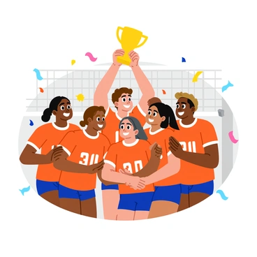 A victorious volleyball team is gathered together, smiling widely as they celebrate their recent tournament win. The team members are wearing matching bright-colored jerseys, each adorned with their individual numbers. In the center, one player is holding a large shiny trophy high above their head, the trophy gleaming under the light. Confetti falls around them, creating a festive atmosphere. Some teammates are clapping their hands, while others are embracing each other in joyful hugs. The background shows a volleyball court with a net, emphasizing the sport they excelled in.