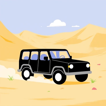 A G-Wagon driving through a vast desert landscape. The vehicle is a sleek black color, reflecting the bright sunlight. Towering sand dunes rise in the background, their golden grains shimmering under the sun's rays. The sky is a clear blue, with a few fluffy white clouds floating above. Small tufts of dry grass and scattered rocks are visible around the G-Wagon, emphasizing the arid environment. The wheels of the vehicle kick up a small cloud of dust as it moves along the sandy terrain.