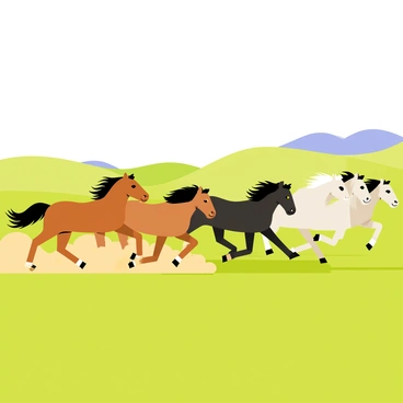 A group of wild horses galloping fiercely across a vast green prairie. The horses are a mix of colors, including brown, black, and white, each with flowing manes and tails. They are kicking up clouds of golden dust as their hooves hit the ground. In the background, there are gentle rolling hills under a clear blue sky. The sunlight casts shadows on the prairie, emphasizing the strength and speed of the horses.