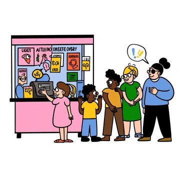 A busy ticket booth with a line of eager visitors waiting to purchase tickets. The ticket booth has a large window and is adorned with colorful posters advertising upcoming events. The visitors are a diverse group, including a light-skinned girl with big eyes wearing a pink dress, a dark-skinned boy with big eyes in a yellow t-shirt, and a middle-aged woman with big eyes sporting sunglasses and a blue blouse. Each person in line appears excited and engaged, chatting animatedly with one another while looking towards the ticket booth. The scene is lively, filled with the anticipation of the events to come.