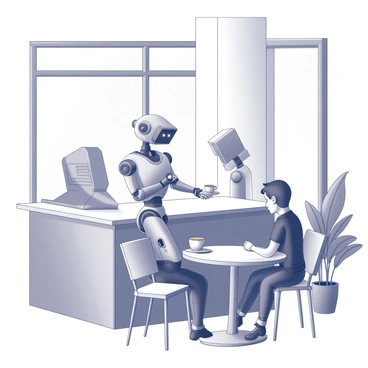 A robot with a metallic exterior is positioned behind the counter of a modern café. The café features sleek, high-tech designs, with clean lines and a minimalist aesthetic. The robot is holding a coffee cup, delicately balancing it on a tray. In front of the robot, a customer is seated at a table, looking at the robot with interest. The café's walls have large windows allowing natural light to flood in, highlighting the contemporary décor. A few potted plants are placed around the café to add a touch of greenery.