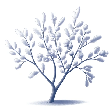 An elderberry bush with numerous clusters of berries. The branches are slender and arch gracefully, while the leaves are sparse, revealing the dark stems. A light dusting of snow covers the bush, resting gently on the branches and leaves. The snow creates soft contours and adds texture to the overall shape of the bush. The ground beneath the bush is also lightly sprinkled with snow, blending in with the surrounding environment.