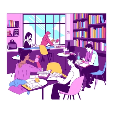 A vibrant café filled with people engaged in reading. There are several tables scattered throughout the space, with individuals absorbed in books titled "Silence." The walls are decorated with shelves lined with colorful books, and a barista behind the counter is preparing drinks. The atmosphere is animated, with patrons animatedly chatting and the sound of clinking cups, creating a stark contrast to the theme of the books being read. Sunlight streams through large windows, illuminating the scene.