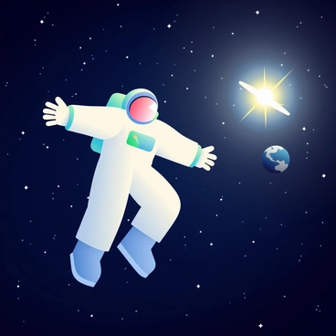 An astronaut wearing a white space suit with a reflective visor is floating in the vastness of space. The background is filled with countless stars scattered across the dark expanse. To the right, a bright light emanates from a distant pulsar, casting a radiant glow that illuminates the astronaut's suit. The astronaut's arms are outstretched, as if reaching towards the pulsar, and a small Earth is visible in the background, offering a glimpse of home. The scene captures the contrast between the dark void of space and the vibrant light of the pulsar.