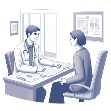 A doctor and a patient are engaged in a conversation in a well-lit office. The doctor has a warm expression, wearing a white lab coat, with a stethoscope around their neck. The patient appears attentive, seated on an examination table, dressed casually. A chart featuring information about celiac disease is placed on the desk in front of them. There are medical instruments neatly arranged on the desk, and the walls are adorned with health-related posters. A window allows natural light to illuminate the space, creating a welcoming atmosphere for their discussion.