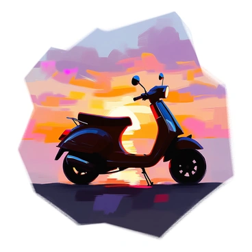 A silhouette of a gas moped against a vibrant sunset sky