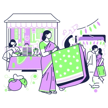 An Indian lady is standing in a lively bazaar, surrounded by a variety of vibrant stalls. She is wearing a traditional saree with intricate patterns and designs. In her hands, she is examining a colorful fabric, holding it up to appreciate its texture and design. Around her, there are several other stalls showcasing a plethora of fabrics, with bright displays of textiles. The atmosphere is bustling, with shoppers and vendors interacting nearby, and there are colorful decorations hanging from the stalls, adding to the vibrant scene.