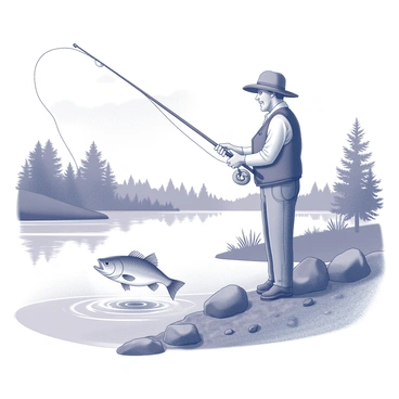 A fisherman is standing on the riverbank, wearing a fishing vest and a wide-brimmed hat. He is holding a fishing rod with both hands as he reels in a smallmouth bass. The fish is splashing in the water, creating ripples around it. The river is flowing gently, with rocks and greenery lining the banks. In the background, there are trees framing the scene, and the sky is clear with a few clouds. The fisherman's expression shows excitement and focus as he engages with his catch.