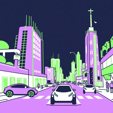 A futuristic cityscape at night illuminated by glowing skyscrapers. The buildings reach high into the sky, featuring sleek, modern designs with bright lights outlining their structures. In the foreground, several electric cars are parked along a wide street, each with a streamlined appearance. The street is bustling with activity as pedestrians move along the sidewalks, and neon signs are visible on the buildings, adding to the vibrant atmosphere. The sky above is dark, emphasizing the vivid lights of the city below, creating a lively urban environment.