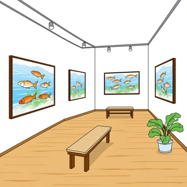 An art gallery interior with white walls and polished wooden floors. Several large frames hang on the walls, each displaying vibrant watercolor illustrations of minnows in various colors and patterns. Each illustration features groups of minnows swimming gracefully, with flowing lines and soft gradients in the background. The lighting is bright and highlights the colors of the paintings. In the center of the gallery, there are a few small benches for visitors to sit and admire the artwork. A potted plant sits in a corner, adding a touch of greenery to the space.