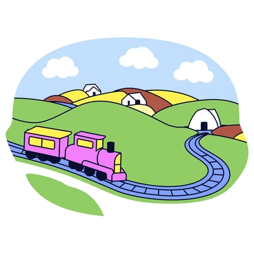 A train is depicted in a minimalistic cartoon style, moving along a winding track. The train features a bright red engine with yellow windows and a small black chimney. Surrounding the train are rolling green hills, dotted with small farms that have white barns and fields in various shades of yellow and brown. The sky above is a soft blue with a few fluffy white clouds.