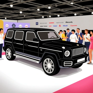 A sleek black G-Wagon stands prominently on a polished display platform at a luxury car show. The vehicle features gleaming chrome accents and large alloy wheels. Surrounding the G-Wagon, a diverse group of car enthusiasts, including individuals wearing stylish outfits, gaze admiringly at the vehicle. Some enthusiasts take photos with their smartphones, while others discuss its features enthusiastically. Bright spotlights illuminate the car, enhancing its luxurious appearance, and a backdrop of banners featuring high-end automotive brands is visible.