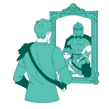 A teal man stands in front of an ornate mirror, gazing intently into it. In the reflection, on one side, there is a powerful warrior clad in shimmering armor, gripping a sword firmly in his right hand. On the opposite side of the mirror, a small child with bright eyes and tousled hair looks back, wearing a simple tunic. The contrast between the warrior's fierce expression and the child's innocent demeanor creates a striking visual narrative. The mirror itself is elegantly framed, with intricate designs that enhance the scene.