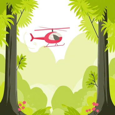 An RC helicopter with a bright red and white body is flying above a dense, green rainforest. The helicopter's rotors are spinning rapidly, creating small swirls in the mist that hangs low among the tall, leafy trees. Below, thick trunks and vibrant green foliage are visible, with occasional splashes of colorful flowers peeking through the greenery. Soft tendrils of mist weave through the branches, adding a sense of depth to the lush environment. The sunlight filters through the leaves, casting dappled light on the ground below.