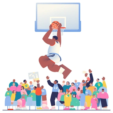 A player with dark skin and a white jersey is airborne, performing a slam dunk above the basketball hoop. His muscles are visibly tense as he grips the basketball with both hands. The net is swaying from the impact of the dunk. In the background, a crowd of excited fans is standing, some waving their arms and others holding up signs. The fans are wearing various team jerseys in vibrant colors, and some are jumping out of their seats in celebration. Bright arena lights illuminate the scene, enhancing the energy of the moment.