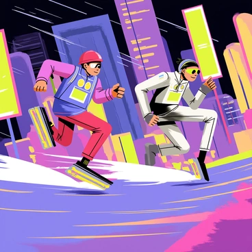 A thrilling chase scene set in a vibrant cityscape filled with neon lights. Two characters, one wearing a red helmet and a blue jacket, and the other in a green visor and a silver jumpsuit, race on sleek retro-futuristic hoverboards. The hoverboards have glowing edges and aerodynamic designs, leaving trails of colorful light behind them. Buildings with angular architecture rise in the background, and billboards flash advertisements in bright colors. The characters have determined expressions as they navigate sharp turns and dodge obstacles.