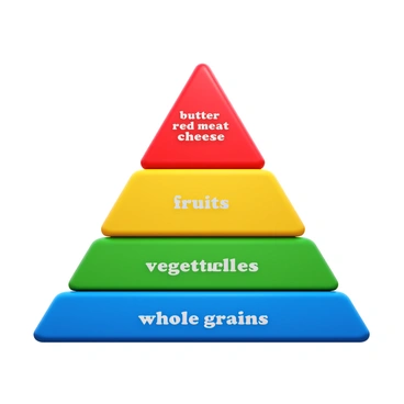 A 3D food pyramid with distinct sections highlighting a range of foods. The top section represents high cholesterol foods, featuring items like "butter," "red meat," and "cheese" in vivid colors. The lower sections indicate low cholesterol foods, showcasing "fruits," "vegetables," and "whole grains" in vibrant green and yellow tones. Each section is clearly labeled with the corresponding food type, and the pyramid is designed to emphasize the differences between the categories. The overall structure is three-dimensional, creating depth and a clear hierarchy of food types.