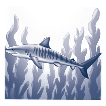 A tiger shark swims gracefully through a dense underwater kelp forest. The shark has distinctive dark stripes on its body, which are clearly visible as it moves between the tall, waving strands of kelp. Sunlight filters down through the water, casting a dappled effect over the scene. The kelp sways gently with the movement of the water, providing a contrast to the sleek form of the shark as it navigates its environment.