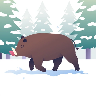 A wild boar with thick, dark brown fur and prominent tusks is trudging through a snowy forest. The ground is covered in a thick layer of pristine white snow, and snowflakes are gently falling from the gray sky. The boar's hooves leave a distinct trail in the snow as it moves forward. Tall pine trees surround the scene, their branches heavy with snow. The atmosphere is tranquil, with the soft sound of snow falling adding to the serene environment.