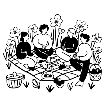 A group of four friends sitting on a checkered picnic blanket in a lush green field. The blanket is covered with an assortment of picnic items including sandwiches, fruits, and beverages. Around them, there are numerous blooming "bee balm" flowers, with their distinct shapes and details creating a vibrant backdrop. One friend is pouring lemonade into cups, while another is reaching for a strawberry. A picnic basket sits open nearby, showcasing more snacks. The sun casts gentle shadows across the scene, adding depth to the joyful gathering.