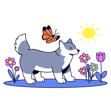 A curious husky with a thick, fluffy coat of gray and white is gently sniffing a colorful butterfly. The butterfly has bright orange and black wings, fluttering just above a patch of vibrant flowers in the garden. Various flowers, including daisies and tulips, are blooming around the husky, adding splashes of color to the scene. The sun casts a warm glow, highlighting the dog's inquisitive expression as it leans closer to the butterfly.