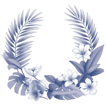 A dense arrangement of palm leaves forms a vibrant frame around the scene. The leaves are intricately detailed, showcasing their long, arching shapes and textured surfaces. Interspersed among the palm leaves are various exotic flowers, each with distinct shapes and patterns. The flowers display intricate petals and unique forms, adding depth to the composition. The overall arrangement creates a tropical atmosphere, with the palm leaves and flowers interacting harmoniously.