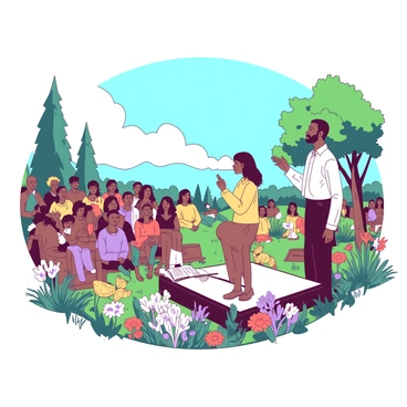 An outdoor sermon taking place in a serene meadow filled with wildflowers and gentle breezes