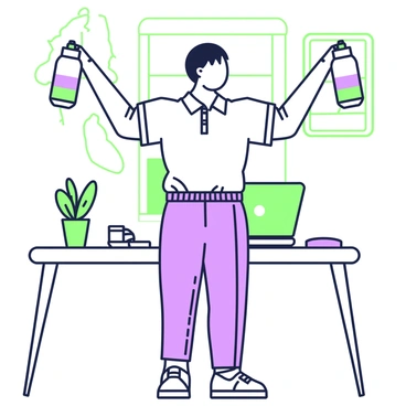 A professional in a modern office environment is performing lateral raises using two water bottles as weights. The individual has short hair and is wearing a fitted polo shirt with sleeves rolled up, paired with smart-casual trousers. They are standing with a focused expression, arms extended to the sides, holding the water bottles at shoulder height. A desk with a laptop and some paperwork is visible in the background, along with a potted plant on the desk. Natural light is streaming through a window, creating a bright atmosphere.