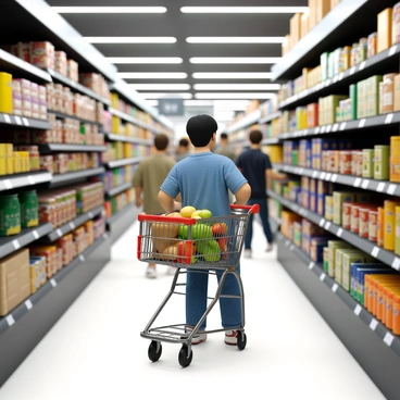 A shopper with medium skin tone and dark hair, wearing a blue shirt and jeans, is pushing a grocery cart down an aisle in a busy supermarket. The cart is filled with various items, including fresh vegetables, canned goods, and a loaf of bread. The shelves on either side are stocked with colorful packaging of different brands. Other shoppers can be seen in the background, some examining products while others compare prices. Bright overhead lights illuminate the scene, creating a vibrant atmosphere in the supermarket.