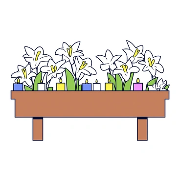 An altar with a smooth wooden surface. The altar is adorned with multiple white Easter lilies, their petals wide open and vibrant against the wood. Scattered among the flowers are several lit candles, their flames flickering gently in the soft light. The scene conveys a warm and inviting atmosphere, highlighting the beauty of the blossoms and the glow of the candles.
